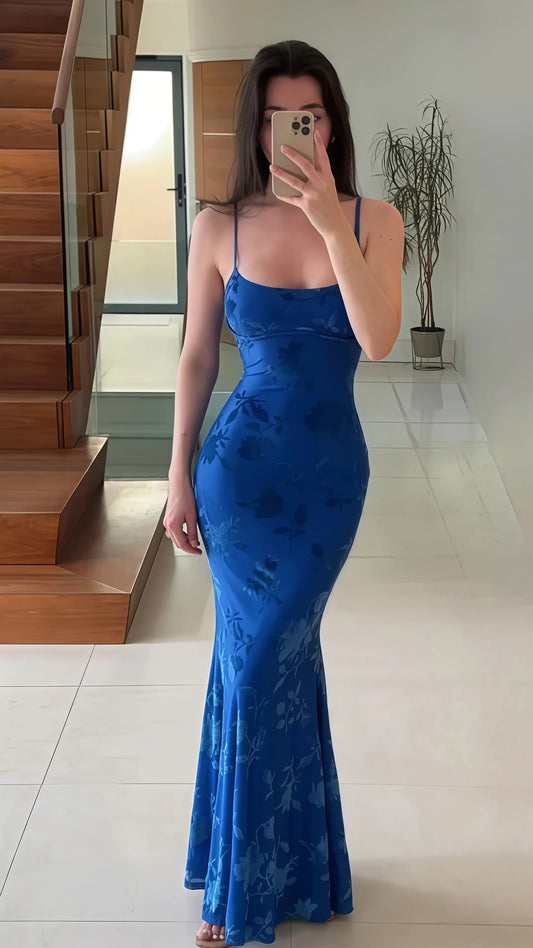 Spaghetti Straps Floral Blue Party Dress, Mermaid Summer Dance Dress, AST1749