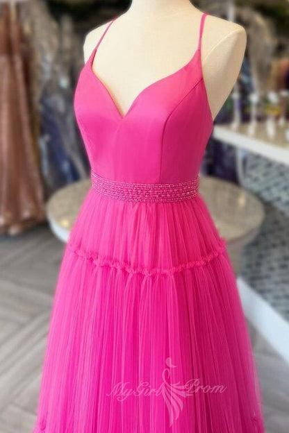 Spaghetti Straps Hot Pink Tulle Backless Long Prom Dress With Beading GP702