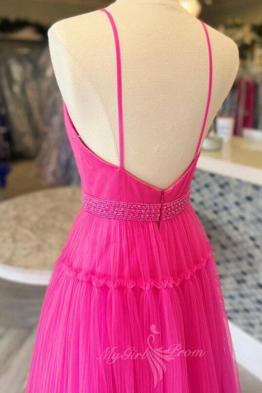 Spaghetti Straps Hot Pink Tulle Backless Long Prom Dress With Beading GP702