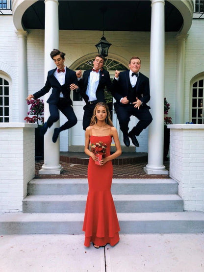 Spaghetti Straps Mermaid Simple Prom Dress, Red Long Bridesmaid Dresses PB204
