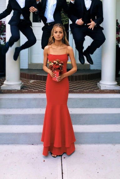 Spaghetti Straps Mermaid Simple Prom Dress, Red Long Bridesmaid Dresses PB204