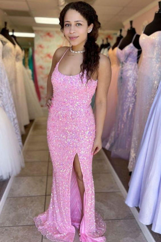 Vestido de fiesta de sirena con tirantes finos brillantes, vestido de noche rosa con abertura, vestido de fiesta de noche