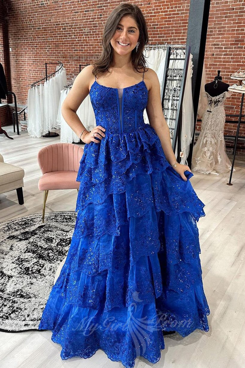 Spaghetti Straps Royal Blue Prom Dress Layers Evening Gowns with Appliques GP728