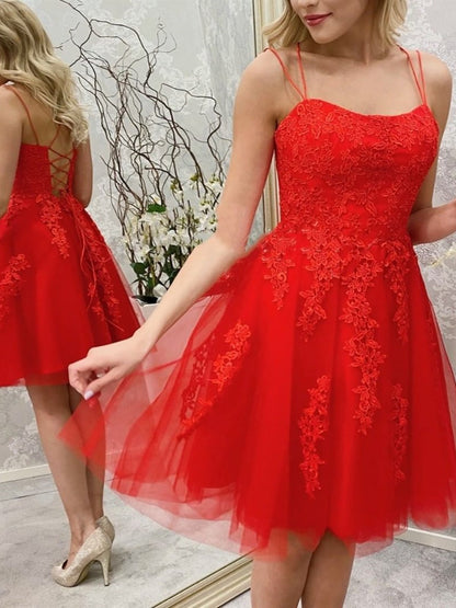 Vestidos de fiesta cortos de encaje rojo con tirantes finos, vestidos de graduación cortos de encaje rojo para el regreso a casa.