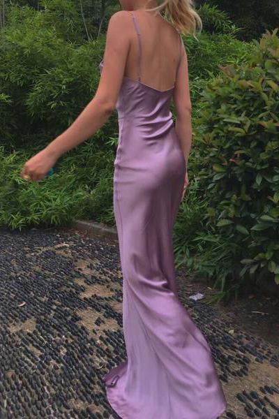 Spaghetti Straps Simple Long Prom Dresses With Split, Slit Evening Gowns GP313