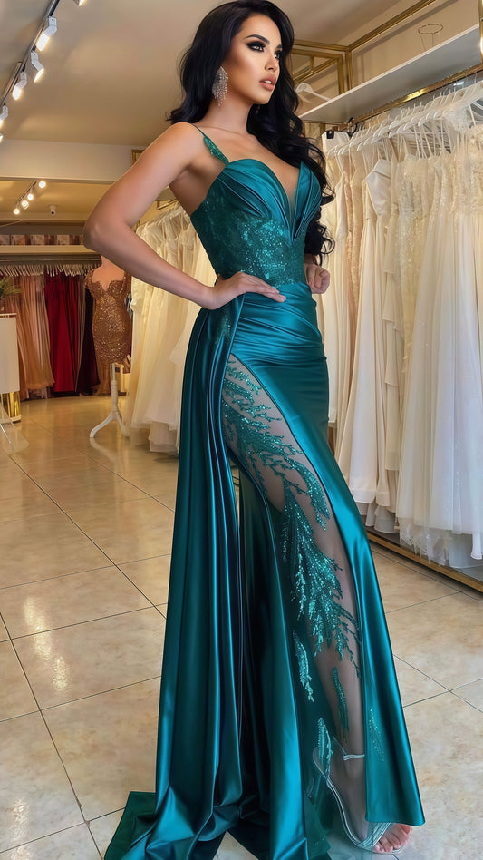Spaghetti Straps V-neck Appliques Sexy Prom Party Dress,AST1780