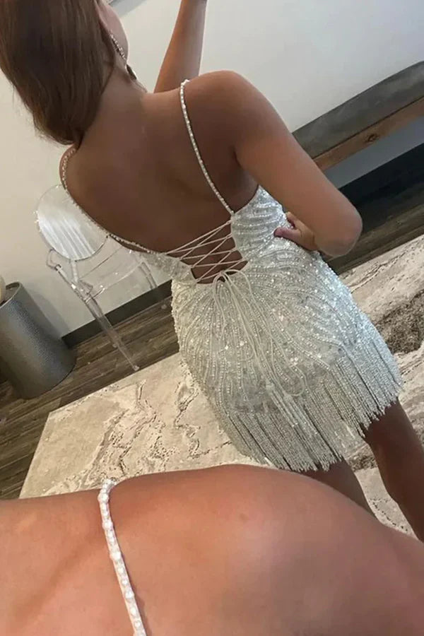 Vestido de fiesta vintage blanco con lentejuelas, escote en V y borlas, elegante, con tirantes finos, TP3558