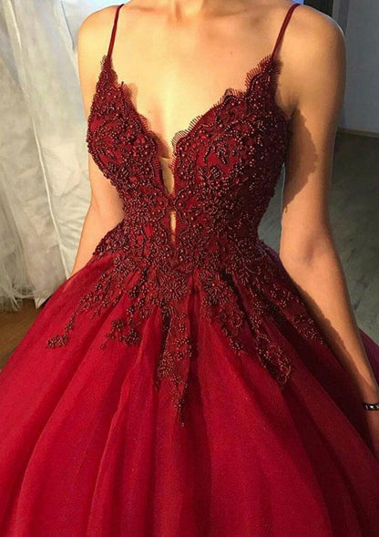 Spaghetti V-neck Burgundy Long Prom Dress Ball Gown With Beading MP332