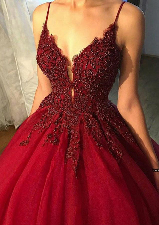 Spaghetti V-neck Burgundy Long Prom Dress Ball Gown With Beading MP332