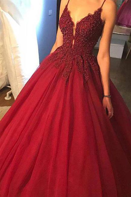 Spaghetti V-neck Burgundy Long Prom Dress Ball Gown With Beading MP332