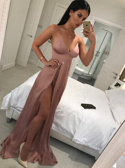 Spaghetti Straps Sheath Prom Dress Long Evening Dress with Two Slit MP697