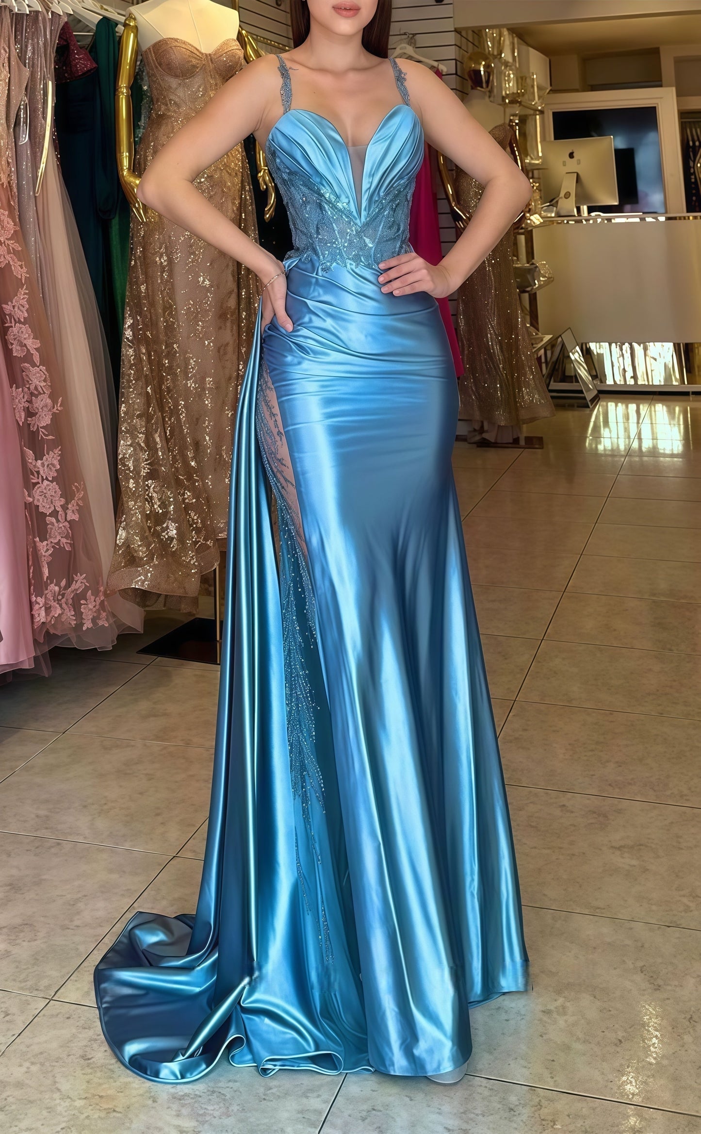 Spaghetti Straps V-neck Appliques Sexy Prom Party Dress,AST1780