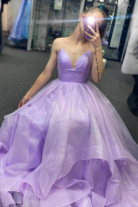 Sparkle Lavender Tiered Long Prom Dresses, Shiny Long Graduation Gown GP286