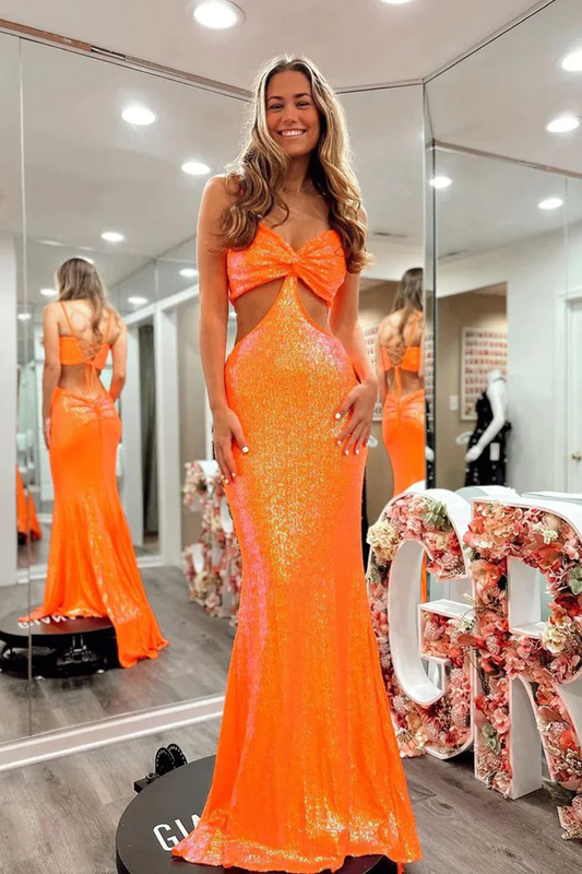 Sparkly Sweetheart Mermaid Cut-out Orange Sequins Prom Dresses GP531