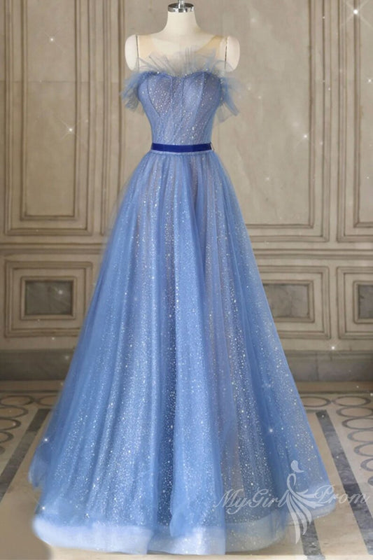 Sparkly A-Line Tulle Blue Long Prom Dresses, Blue Sleeveless Formal Dress GP446