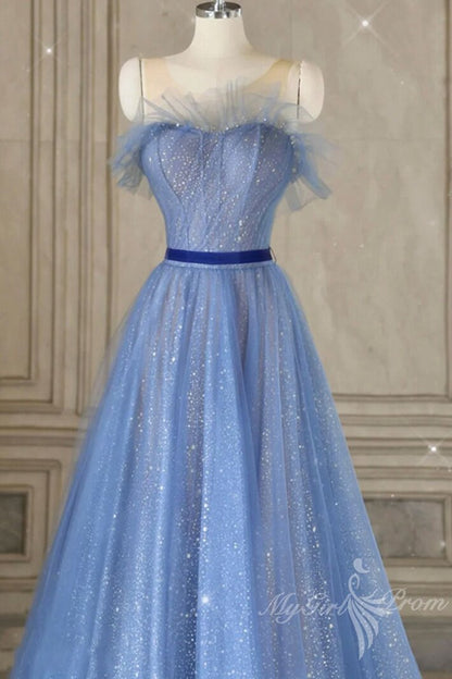 Sparkly A-Line Tulle Blue Long Prom Dresses, Blue Sleeveless Formal Dress GP446