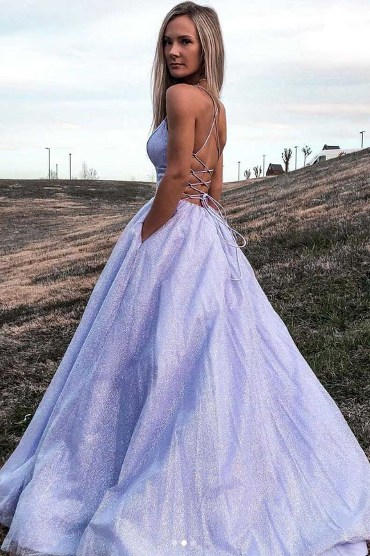 Sparkly A-line Lavender Long Prom Dress, Backless Formal Gown With Pockets GP163