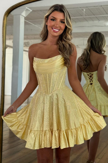 A-Line Strapless Short Beaded Lace Up Homecoming Dress with Ruffle Hem