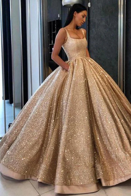Sparkly Gold Sequins Ball Gown Prom Dress With Pocket WP443