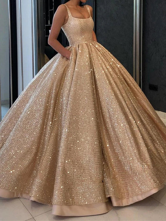 Sparkly Gold Sequins Ball Gown Prom Dress With Pocket WP443