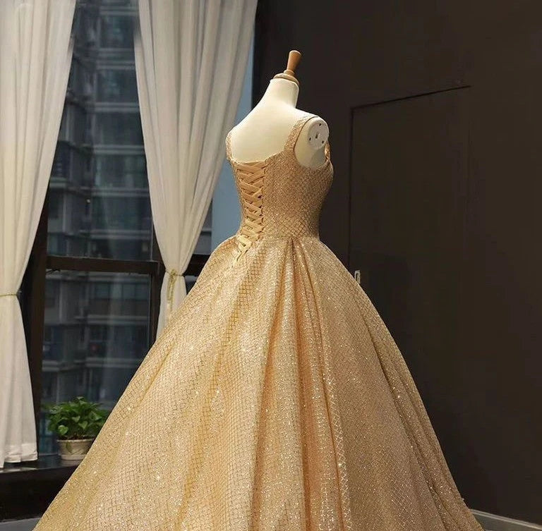 Sparkly Gold Sequins Ball Gown Prom Dress With Pocket WP443
