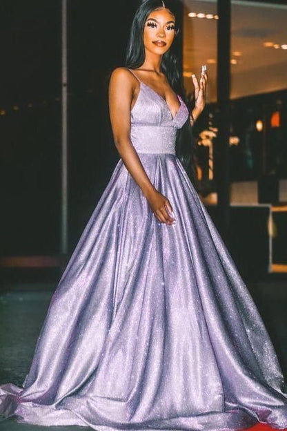 Sparkly Light Purple Prom Dresses Spaghetti Straps V Neck Glitter Evening Gown with Pockets GP348