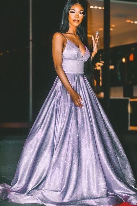 Sparkly Light Purple Prom Dresses Spaghetti Straps V Neck Glitter Evening Gown with Pockets GP348
