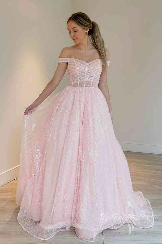 Sparkly Off-the-Shoulder Light Blue Long Prom Dresses, A-line Graduation Gown GP456