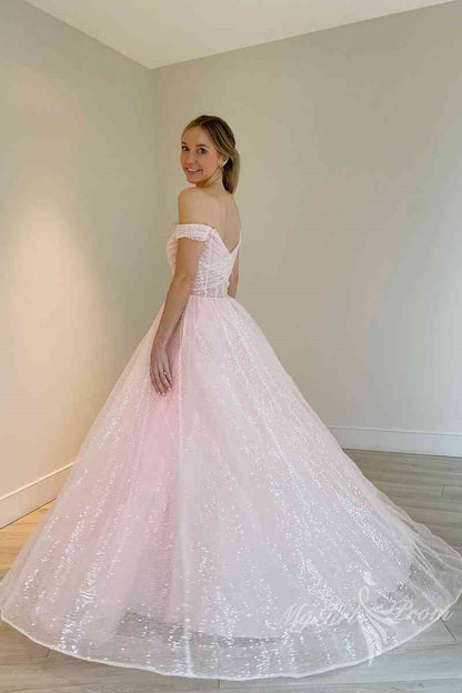 Sparkly Off-the-Shoulder Light Blue Long Prom Dresses, A-line Graduation Gown GP456