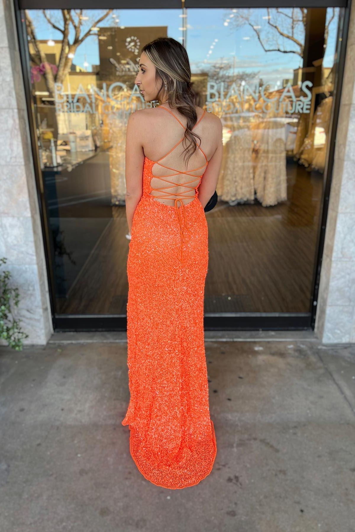 Sparkly Orange Sequin Mermaid Long Prom Dress with Lace Up Back GP365