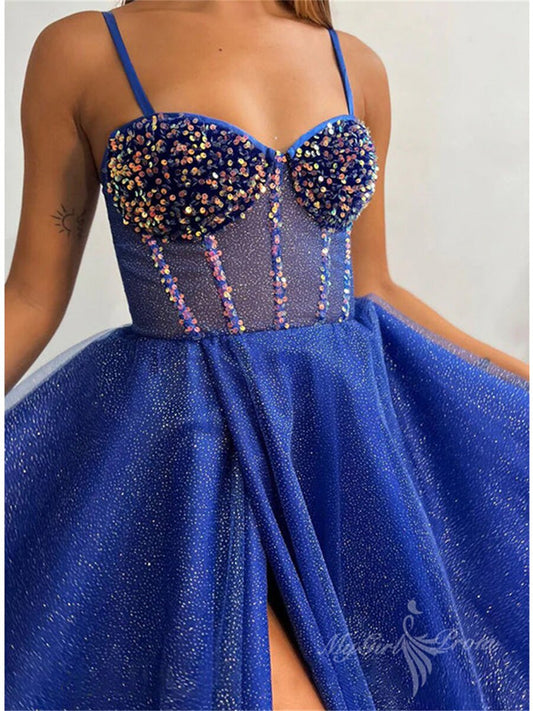 Sparkly Royal Blue Tulle A-line Spaghetti Straps Prom Dress, Slit Evening Dress GP502
