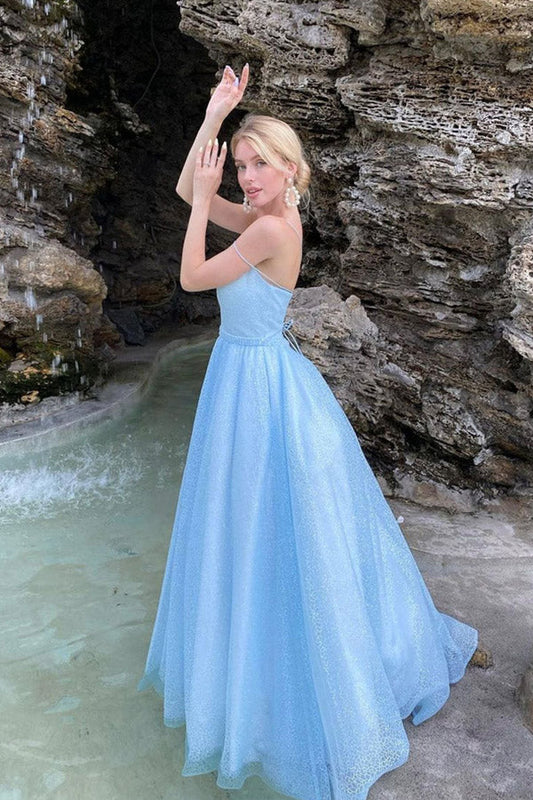 Sparkly Sky Blue Tulle Sequins Long Prom Dresses Straps Evening Dresses,WP377
