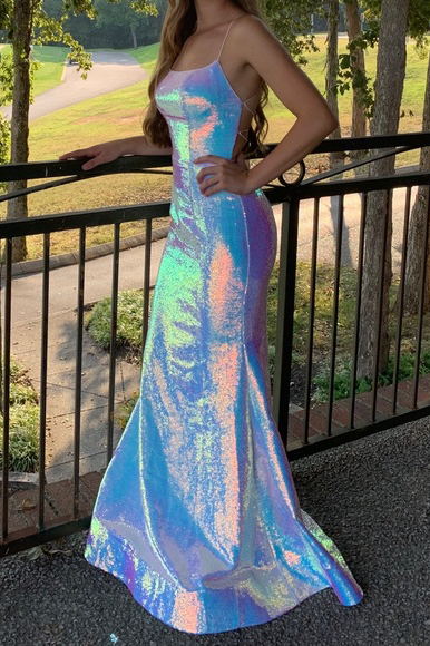 Sparkly Spaghetti Straps Sequins Prom Dresses, Backless Evening Gown GP320