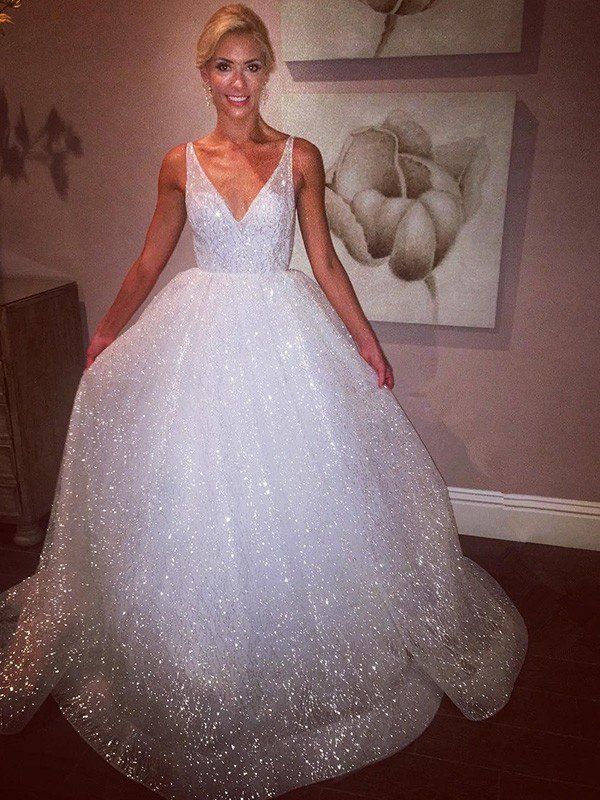 Sparkly Tulle V Neck  Long Prom Dress Backless Wedding Dress,WP046