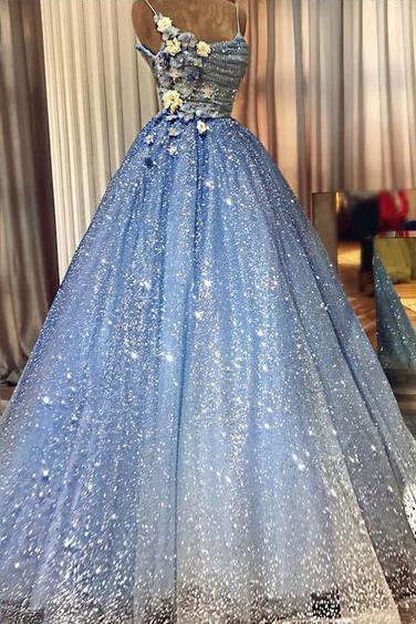 Sparkly Blue Prom Dress A-Line Sequin Formal Gown With 3D Appliques GP42