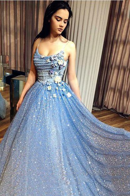 Sparkly Blue Prom Dress A-Line Sequin Formal Gown With 3D Appliques GP42