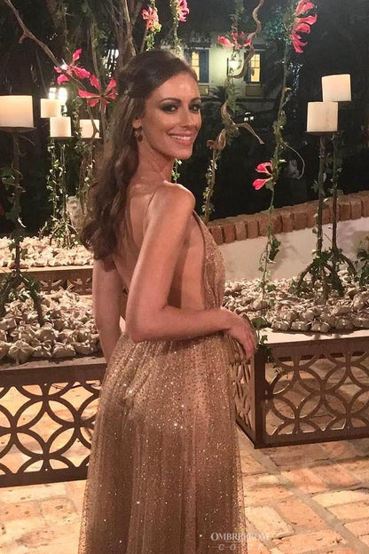 Sparkly Long Prom Dress Spaghetti V Neck Backless Sequin Evening Gown GP16