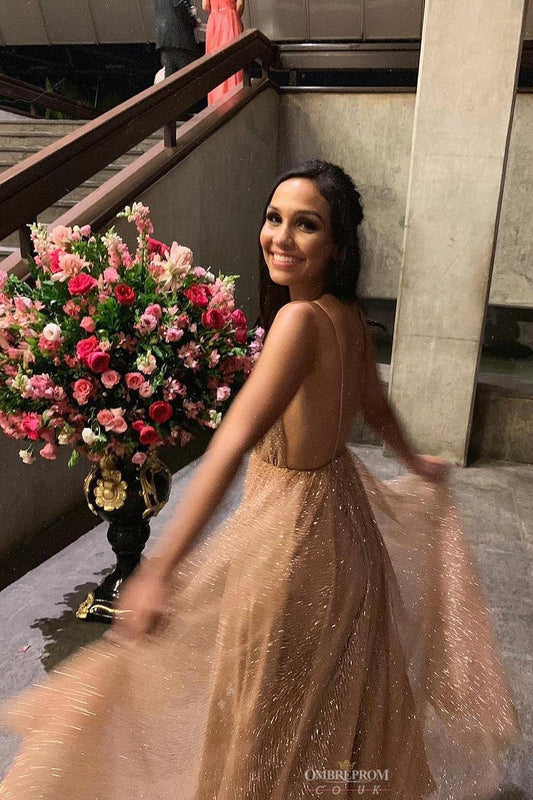 Sparkly Long Prom Dress Spaghetti V Neck Backless Sequin Evening Gown GP16