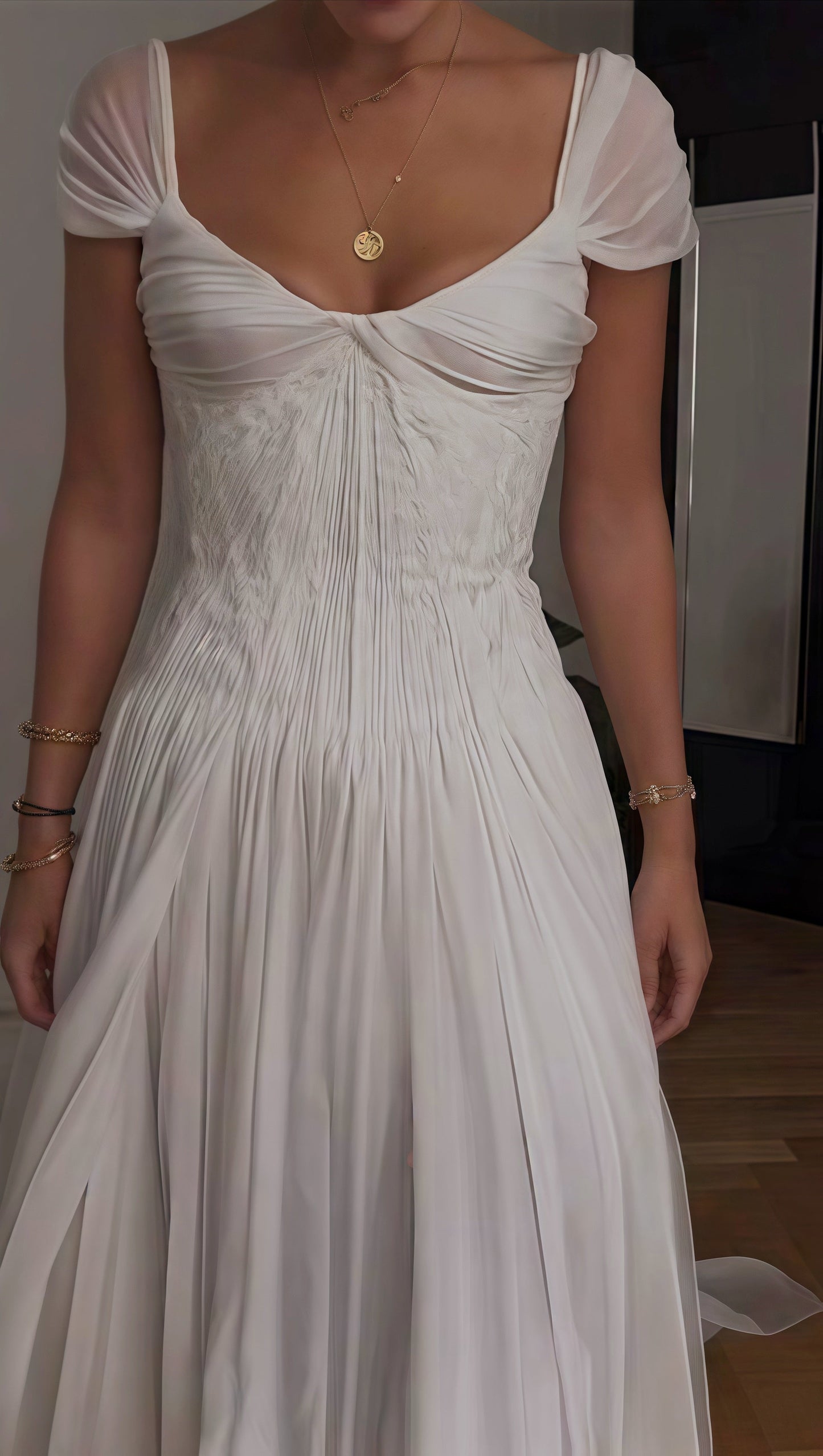 Special White Pleated Party Dress, Cap Sleeves Chiffon Wedding Gown,AST1761