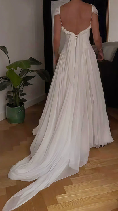 Special White Pleated Party Dress, Cap Sleeves Chiffon Wedding Gown,AST1761