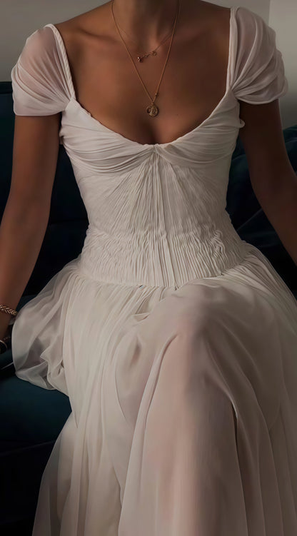 Special White Pleated Party Dress, Cap Sleeves Chiffon Wedding Gown,AST1761