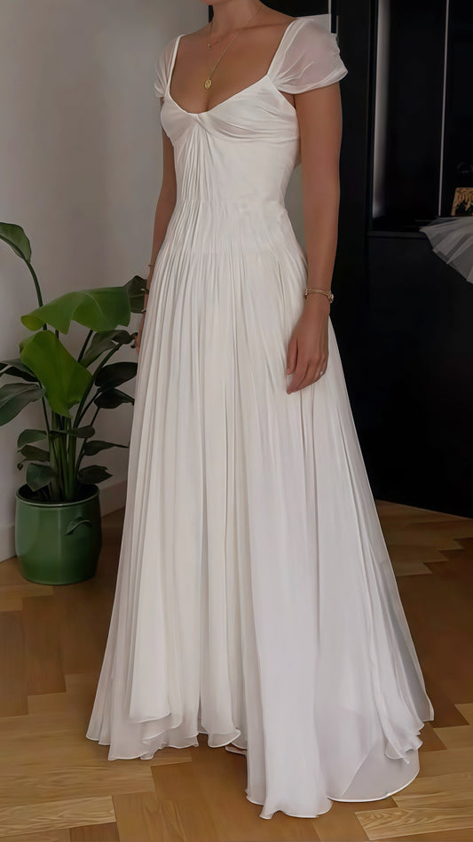 Special White Pleated Party Dress, Cap Sleeves Chiffon Wedding Gown,AST1761