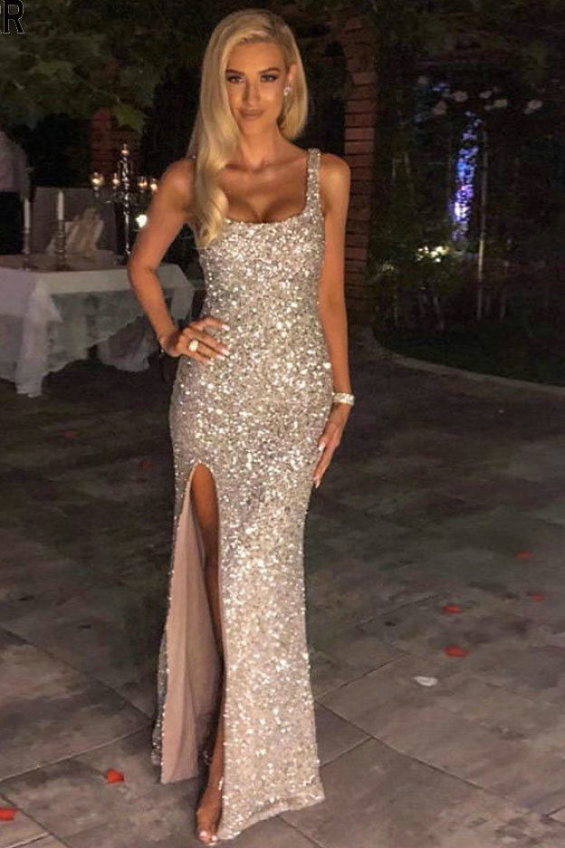 Square Neck Sequined Slit Maxi Evening Dress, Long Prom Dresses GP147