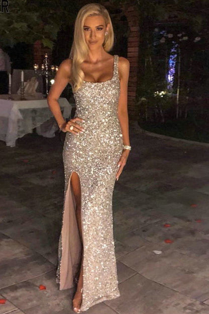 Square Neck Sequined Slit Maxi Evening Dress, Long Prom Dresses GP147