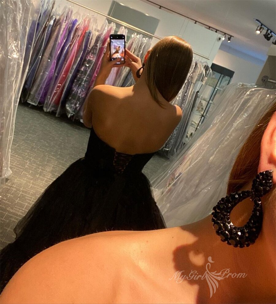 Strapless Black High Low Tulle Prom Dress Formal Evening Gown With Layered GP497