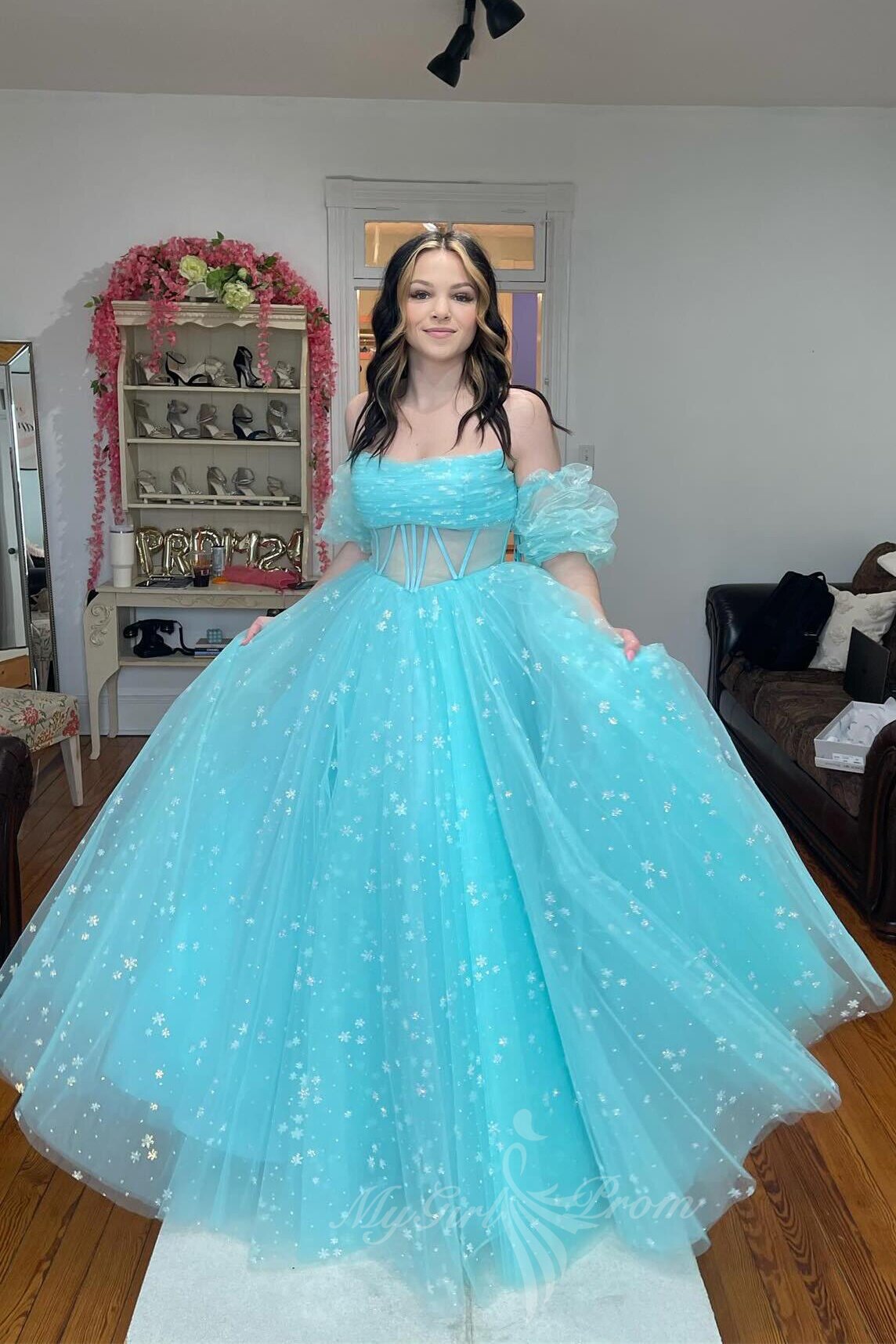 Strapless Pink Starry Tulle Long Prom Dress Princess Formal Gown GP701