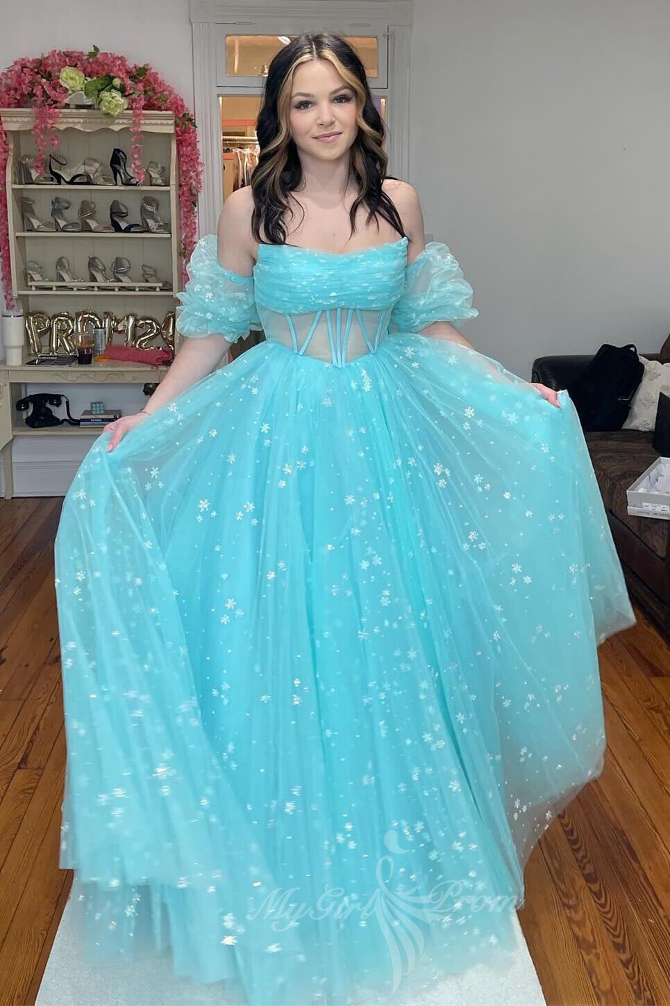 Strapless Pink Starry Tulle Long Prom Dress Princess Formal Gown GP701
