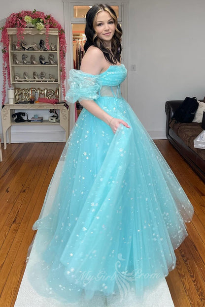 Strapless Pink Starry Tulle Long Prom Dress Princess Formal Gown GP701
