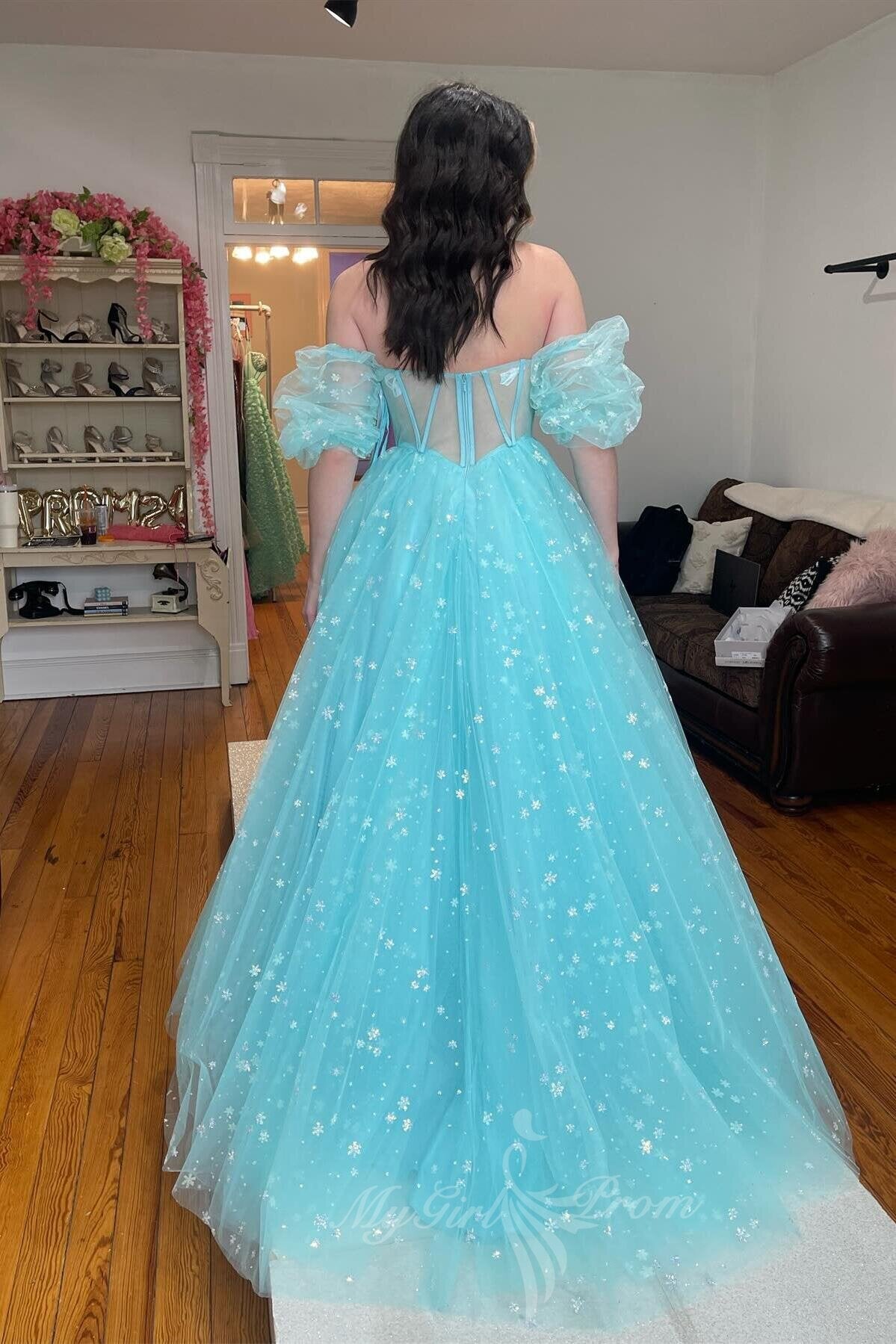Strapless Pink Starry Tulle Long Prom Dress Princess Formal Gown GP701