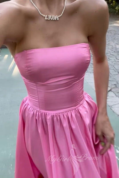 Strapless High Split Satin Pink Prom Dress, Elegant Evening Party Dresses GP592